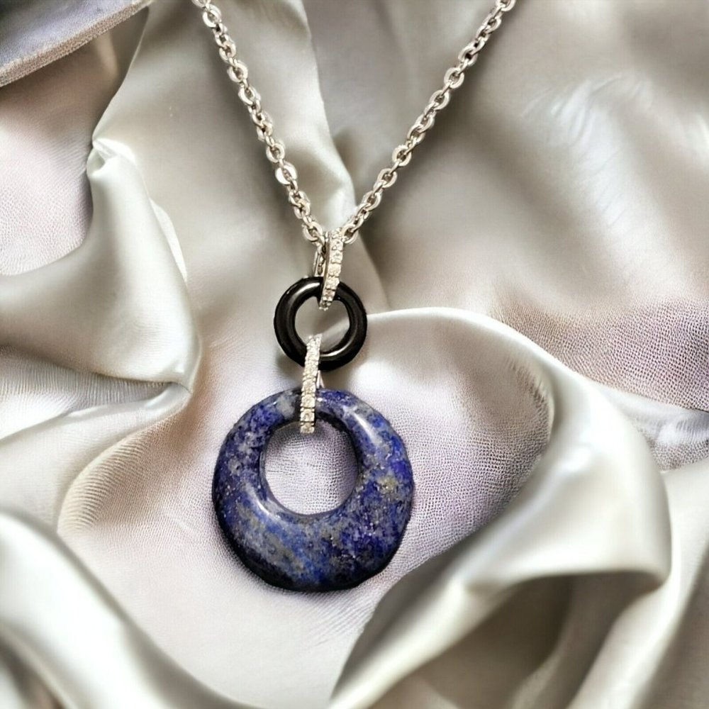 Lapis Lazuli 27.35 ctw Pndnt Rhodium/SilverTone 18-20" Stainless Steel Chn Onk17